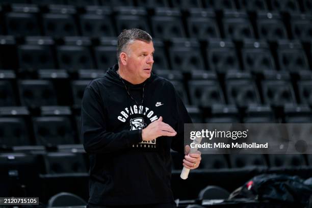 Greg McDermott head coach of the Creighton Bluejays looks on during practice ahead of the NCAA Men's Basketball Tournament Sweet 16 round at Little...