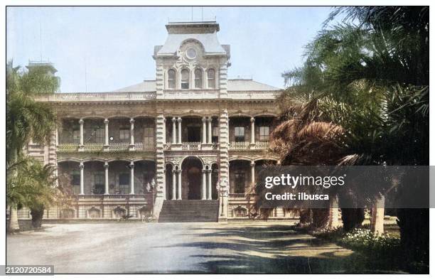 antique black and white photograph: king's palace, honolulu, hawaii - big island hawaii islands stock illustrations