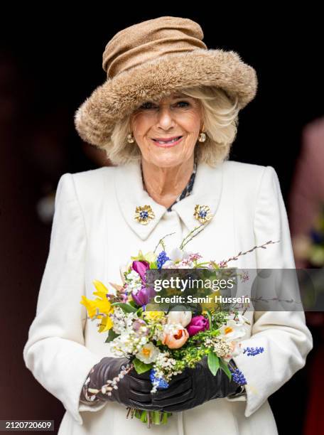 Queen Camilla after The Royal Maundy Service at Worcester Cathedral on March 28, 2024 in Worcester, England.