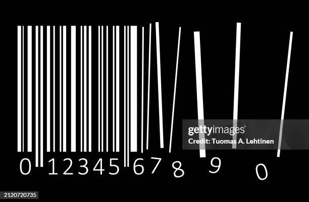 white bar code with ean code breaking on black background. - strichkode stock-fotos und bilder