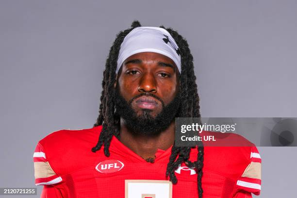 Deon Cain of the Birmingham Stallions poses for a portrait on March 06, 2024 in Arlington, Texas.