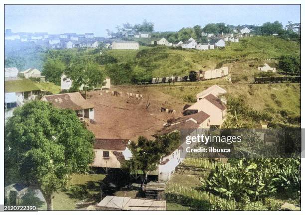 antique black and white photograph: village on the island of kauai, hawaii - kauai stock illustrations