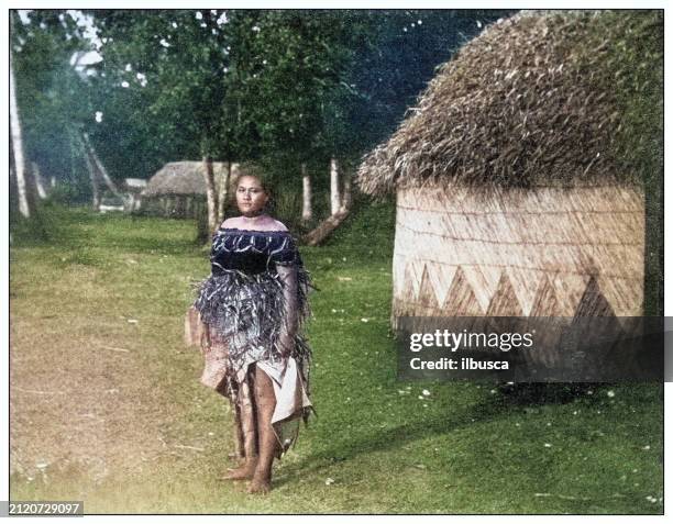 antique black and white photograph: samoan woman - polynesian cultural center hawaii stock illustrations