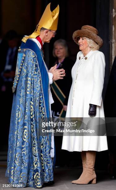 Queen Camilla, accompanied by The Right Reverend Dr John Inge, Lord High Almoner and Lord Bishop of Worcester, attends the Royal Maundy Service at...