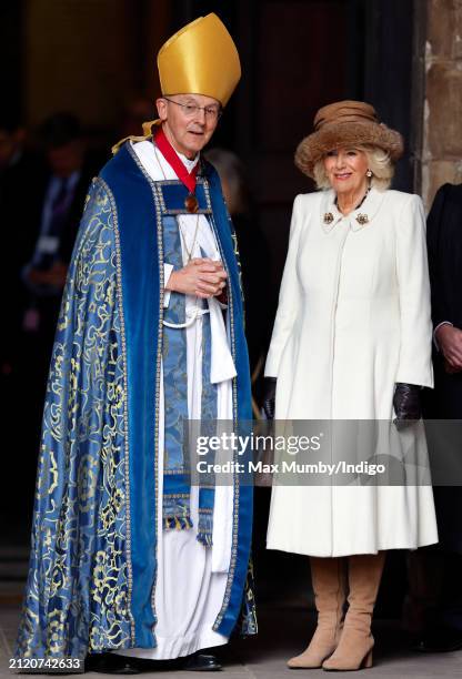 Queen Camilla, accompanied by The Right Reverend Dr John Inge, Lord High Almoner and Lord Bishop of Worcester, attends the Royal Maundy Service at...