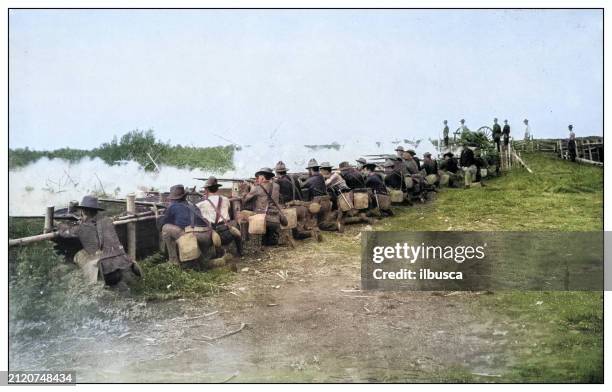 antique black and white photograph: battle near san roque, philippines - big island hawaii islands stock illustrations