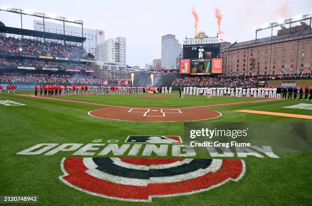 The Baltimore Orioles are introduced before the game against the Los Angeles Angels on Opening Day at Oriole Park at Camden Yards on March 28, 2024...