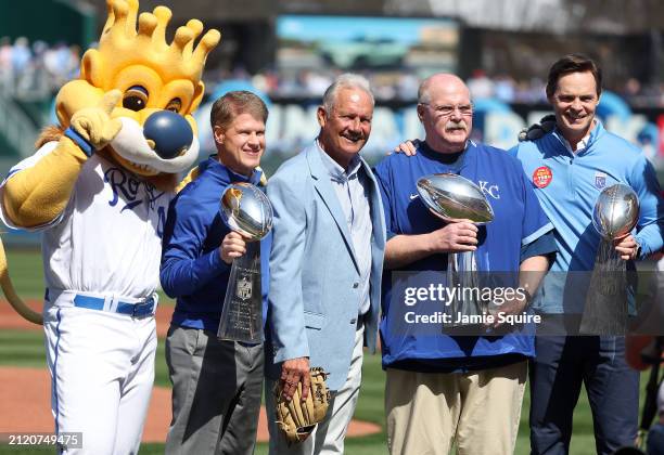 Kansas City Chiefs head coach Andy Reid poses with Chiefs owner and CEO Clark Hunt, Chiefs President Mark Donovan, former Kansas City Royal and...