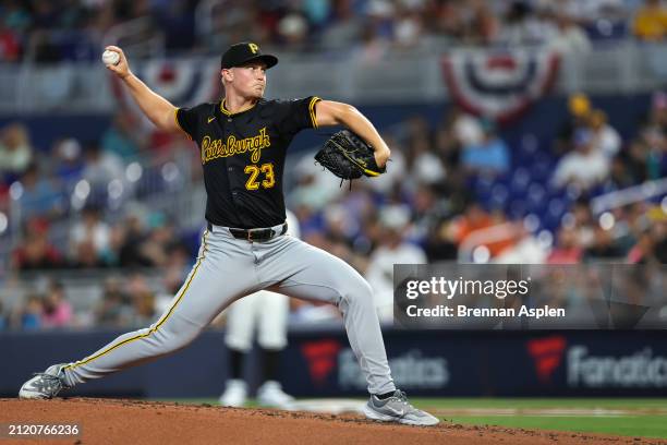 Mitch Keller of the Pittsburgh Pirates throws a pitch against the Miami Marlins in the second inning on Opening Day at loanDepot park on March 28,...