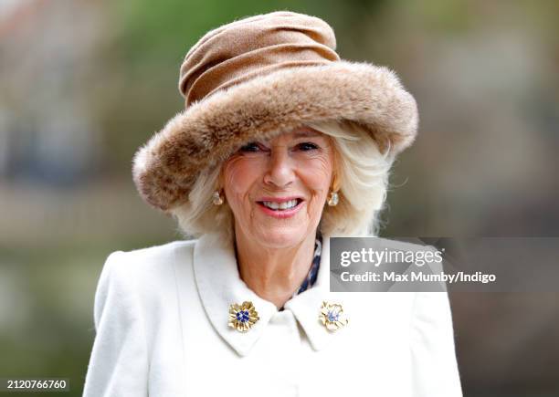 Queen Camilla attends the Royal Maundy Service at Worcester Cathedral on March 28, 2024 in Worcester, England. Maundy Thursday is the Christian holy...