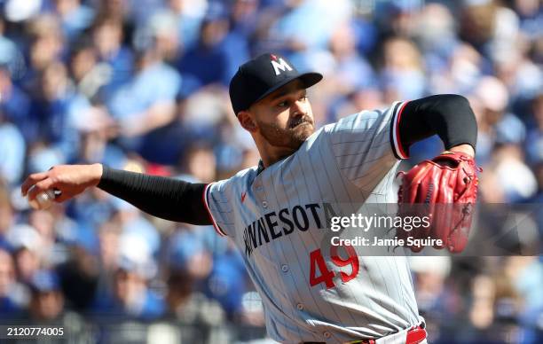 Starting pitcher Pablo Lopez of the Minnesota Twins pitches during the 1st inning of the opening day game against the Kansas City Royals at Kauffman...
