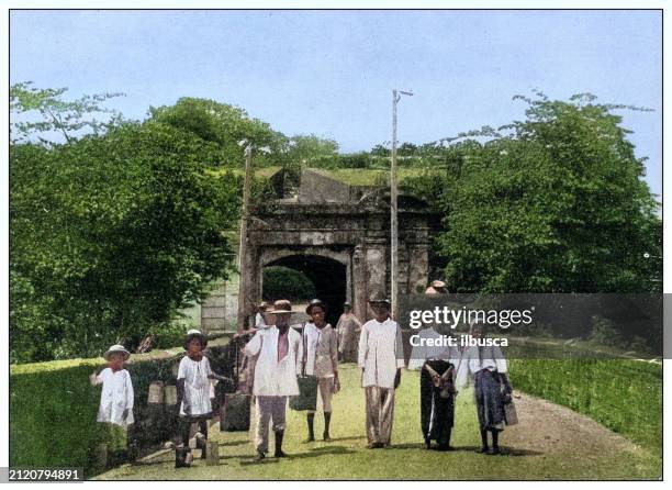 antique black and white photograph: city gates, manila, philippines - caribbean indigenous illustration stock illustrations