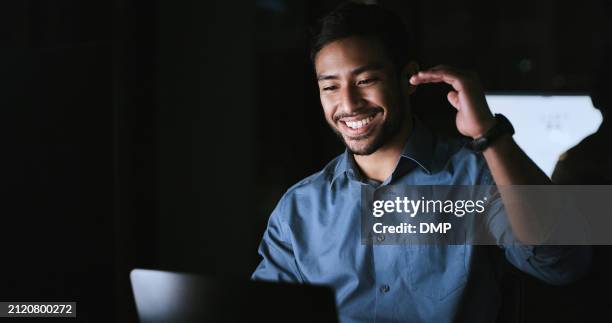 professional man, night and video call for information technology, advice and technical support in dark. happy business worker, programmer or cybersecurity expert on laptop for virtual communication - happy programmer stock pictures, royalty-free photos & images