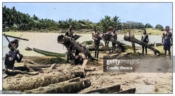 antique black and white photograph: mangyans of mindoro making sago - mindoro island stock illustrations