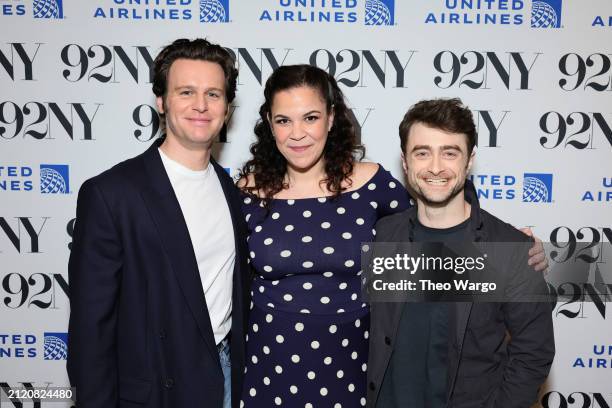 Jonathan Groff, Lindsay Mendez and Daniel Radcliffe attend the Cast Of "Merrily We Roll Along" In Conversation With Josh Horowitz at 92NY on March...