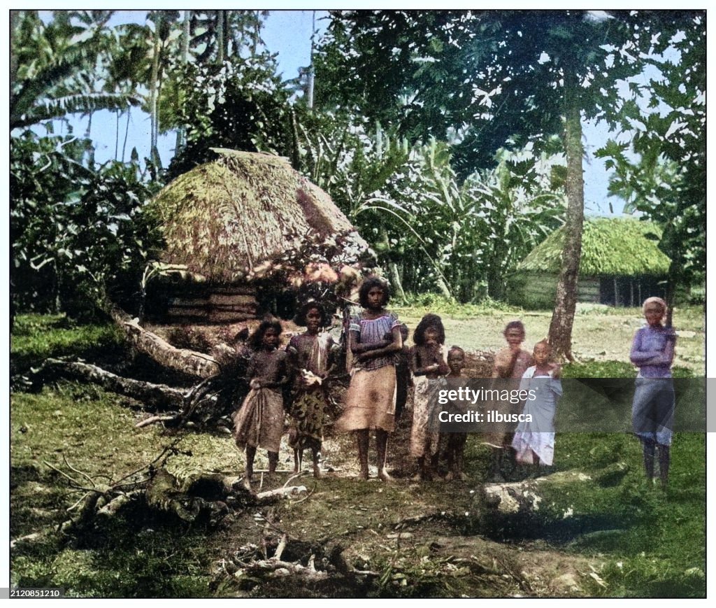 Antique black and white photograph: King Tui's village, Island of Mauna