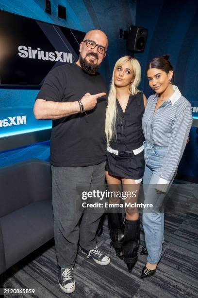 SiriusXM host Tony Fly, Camila Cabello and SiriusXM host Symon visit the SiriusXM Studios on March 28, 2024 in Los Angeles, California.