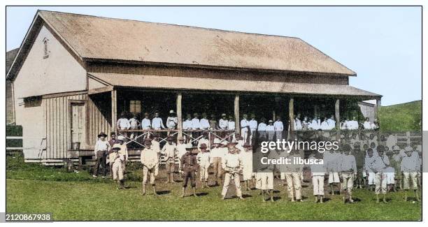 antique black and white photograph: portuguese school, lihue, kauai, hawaii - kauai stock illustrations