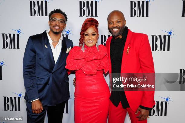 Jonathan McReynolds, Dorinda Clark-Cole, and BMI's Wardell Malloy attends the 2024 BMI Trailblazers of Gospel Music Awards on March 28, 2024 at...