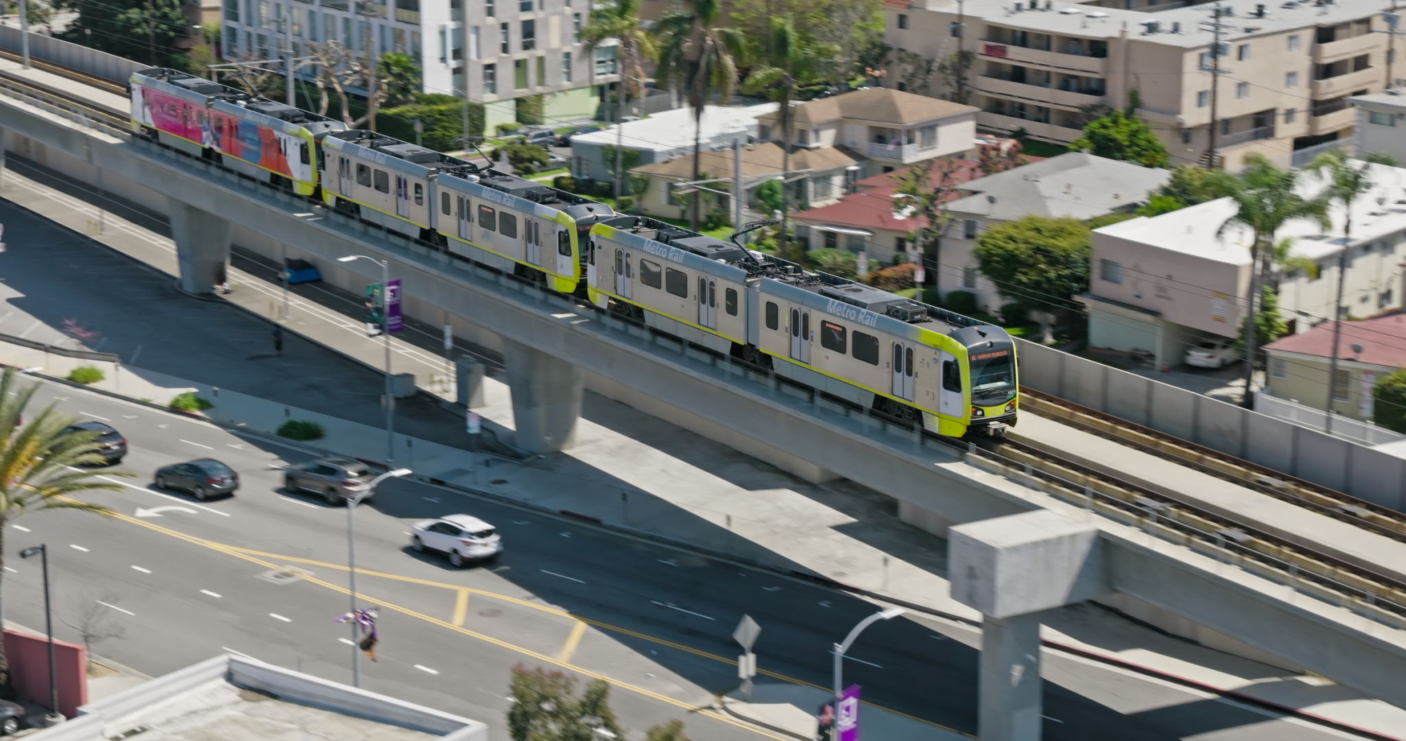 Aerial Shot of Los Angeles Metro E Line Train on Sunny Day Aerial Shot of Los Angeles Metro E Line Train on Sunny Day