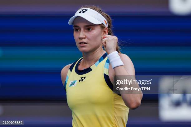 Elena Rybakina of Kazakhstan celebrates her victory over Victoria Azarenka of Bekarus in the semi-final of the Miami Open at the Hard Rock Stadium on...
