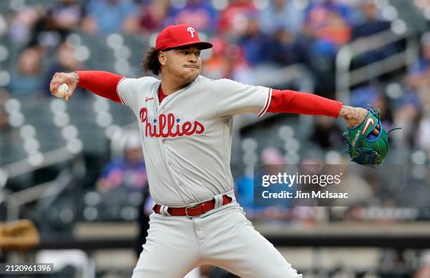 Taijuan Walker of the Philadelphia Phillies in action against the New York Mets at Citi Field on September 30, 2023 in New York City. The Mets...