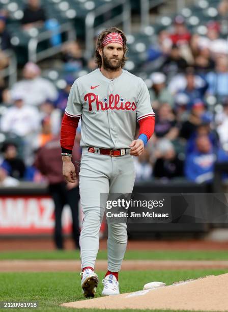 Bryce Harper of the Philadelphia Phillies in action against the New York Mets at Citi Field on September 30, 2023 in New York City. The Mets defeated...