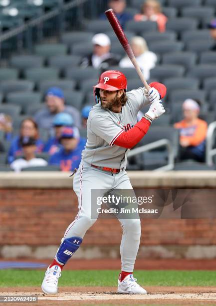 Bryce Harper of the Philadelphia Phillies in action against the New York Mets at Citi Field on September 30, 2023 in New York City. The Mets defeated...