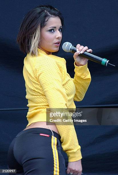 Cheryl Tweedy of Girls Aloud performs during a homecoming concert for pop band Westlife in Landsdown Road on June 27, 2003 in Dublin, Ireland.
