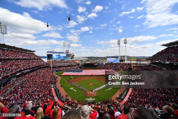 General view during the singing of the national anthem on Opening Day prior to a game between the Cincinnati Reds and the Washington Nationals at...