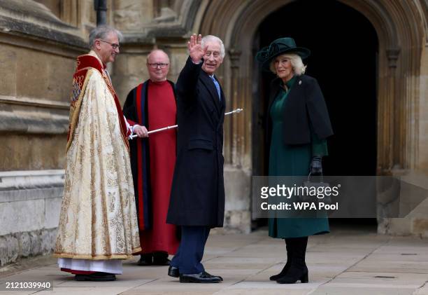 King Charles III and Queen Camilla arrive to attend the Easter Mattins Service at Windsor Castle on March 31, 2024 in Windsor, England.