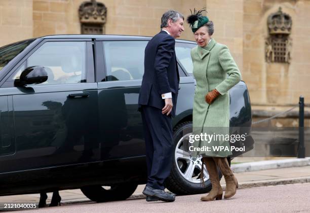 Princess Anne, Princess Royal and Vice Admiral Sir Timothy Laurence arrive to attend the Easter Matins Service at Windsor Castle on March 31, 2024 in...