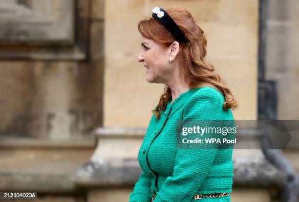 Sarah Ferguson arrives to attend the Easter Mattins Service at Windsor Castle on March 31, 2024 in Windsor, England.