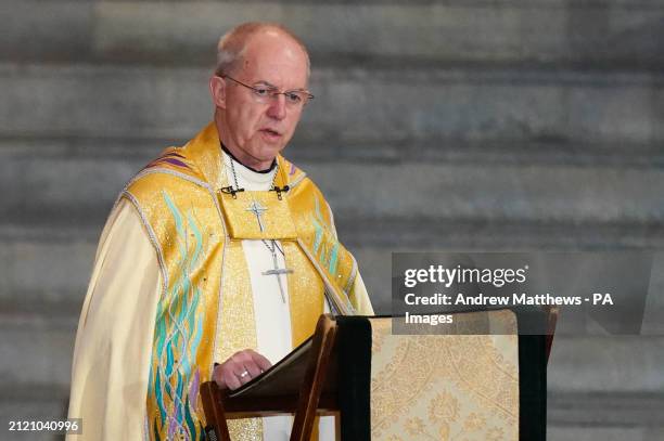 The Archbishop of Canterbury Justin Welby delivers his sermon as he leads the Easter Sung Eucharist at Canterbury Cathedral in Kent. Picture date:...
