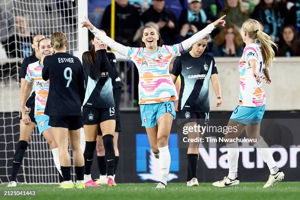 Alex Morgan of San Diego Wave FC reacts after scoring against NJ/NY Gotham FC during the NWSL Challenge Cup at Red Bull Arena on March 15, 2024 in...