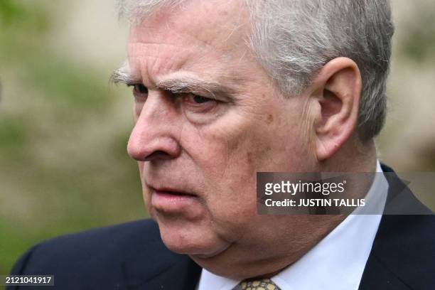 Britain's Prince Andrew, Duke of York reacts as he leaves St. George's Chapel, in Windsor Castle, after attending the Easter Mattins Service, on...