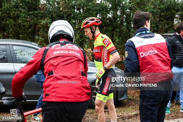 Belgian Floris De Tier of Bingoal WB pictured after a fall during the men's race of the 'Ronde van Vlaanderen/ Tour des Flandres/ Tour of Flanders'...