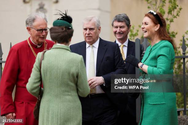 Princess Anne, Princess Royal, Vice Admiral Sir Timothy Laurence, Sarah Ferguson and Prince Andrew, Duke of York leave after attending the Easter...