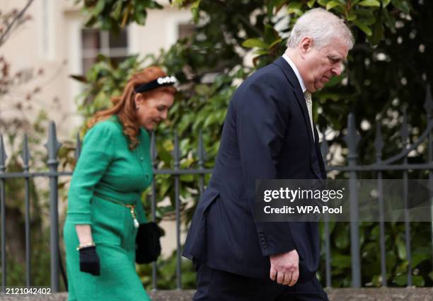 Sarah Ferguson and Prince Andrew, Duke of York leave after attending the Easter Mattins Service at at St. George's Chapel, Windsor Castle on March...