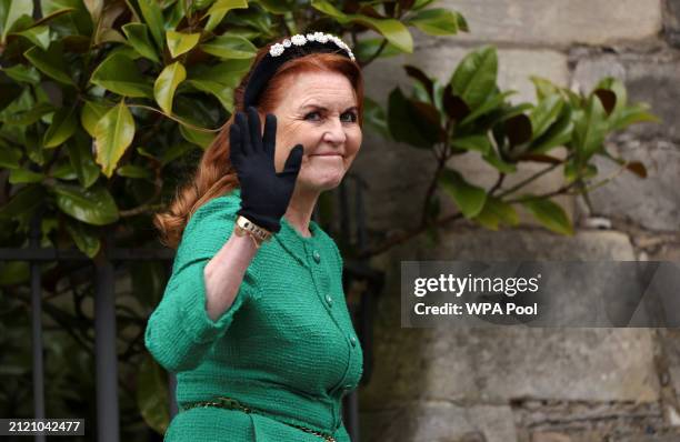 Sarah Ferguson waves as she leaves after attending the Easter Mattins Service at at St. George's Chapel, Windsor Castle on March 31, 2024 in Windsor,...