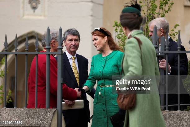 Prince Andrew, Duke of York, Sarah Ferguson, Princess Anne and Vice Admiral Timothy Laurence leave after attending the Easter Matins Service at St....