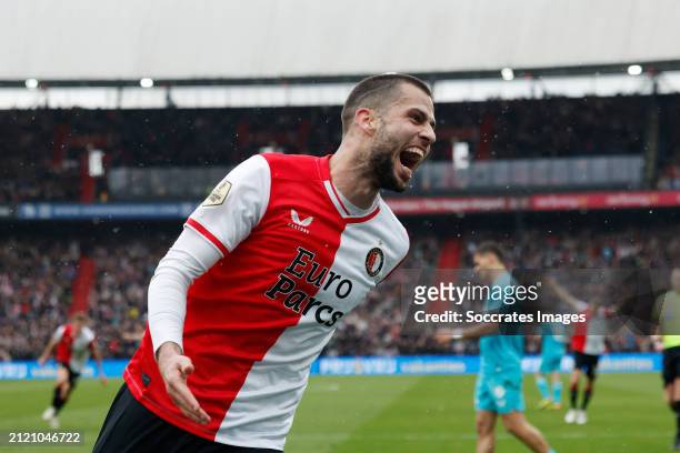 David Hancko of Feyenoord celebrates his goal 3-2 during the Dutch Eredivisie match between Feyenoord v FC Utrecht at the Stadium Feijenoord on March...