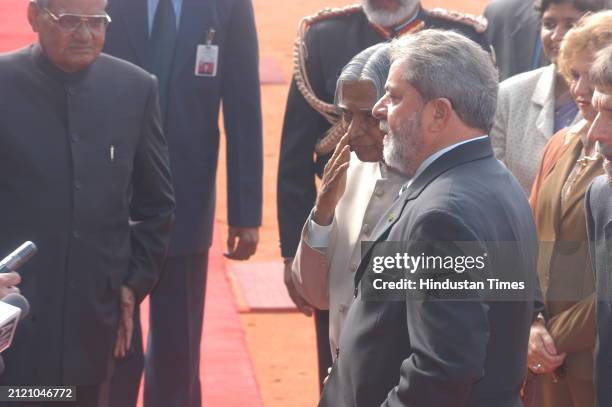 President A.P.J. Abdul Kalam and PM Atal Bihari Vajpayee, BJP leader LK Advani at the Presidential palace, on January 25, 2004 in New Delhi, India.