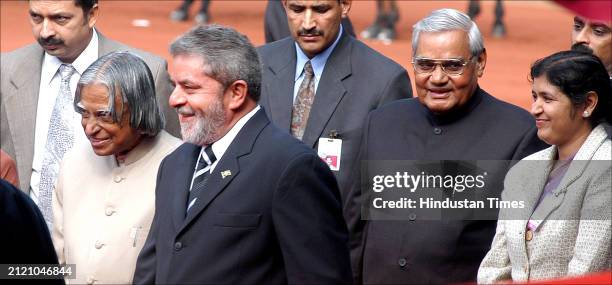 Brazilian President Luiz Inácio Lula da Silva, President A.P.J. Abdul Kalam along with prime minister Atal Bihari Vajpayee at the ceremonial...