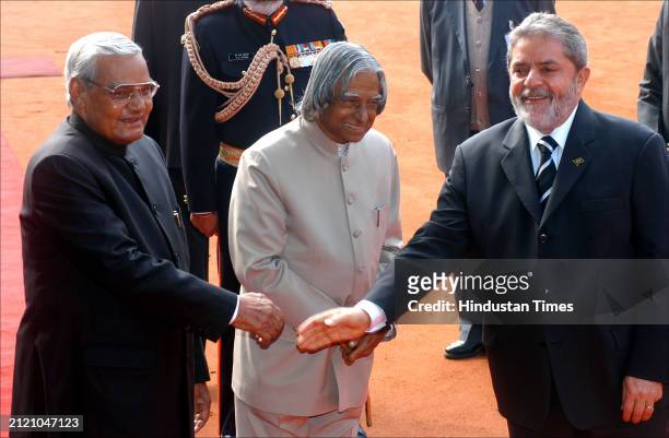 Brazilian President Luiz Inácio Lula da Silva, President A.P.J. Abdul Kalam along with prime minister Atal Bihari Vajpayee at the ceremonial...