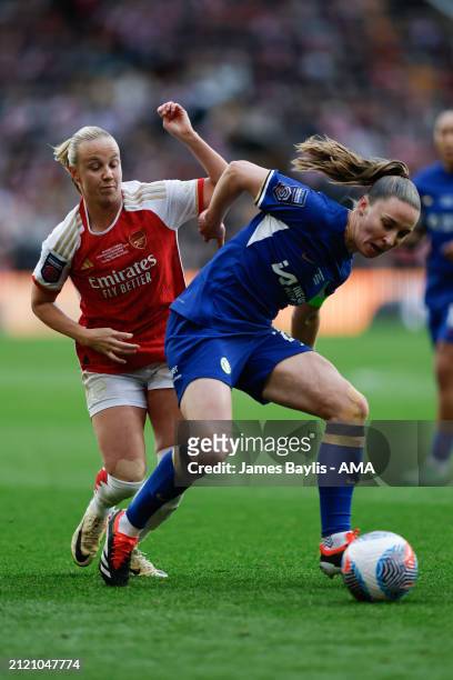 Niamh Charles of Chelsea Women and Beth Mead of Arsenal Women during the FA Women's Continental Tyres League Cup Final match between Arsenal and...