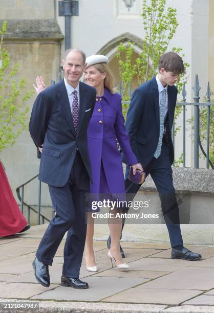 Edward, Duke of Edinburgh, Sophie, Duchess of Edinburgh and James, Earl of Wessex attend the Easter Mattins Service at Windsor Castle on March 31,...