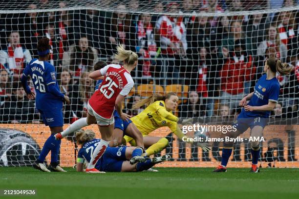 Stina Blackstenius of Arsenal Women scores a goal to make it 0-1 during the FA Women's Continental Tyres League Cup Final match between Arsenal and...