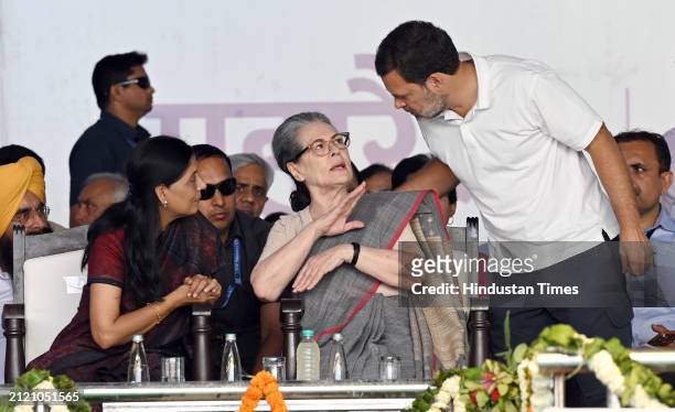 Congress leader Sonia Gandhi, Sunita Kejriwal and Rahul Gandhi during I.N.D.I.A. Bloc's 'Loktantra Bachao' rally at the Ramlila ground, on March 31,...