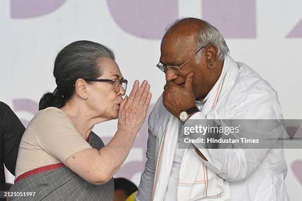 Congress President Mallikarjun Kharge, and Sonia Gandhi during I.N.D.I.A. Bloc's 'Loktantra Bachao' rally at the Ramlila ground, on March 31, 2024 in...